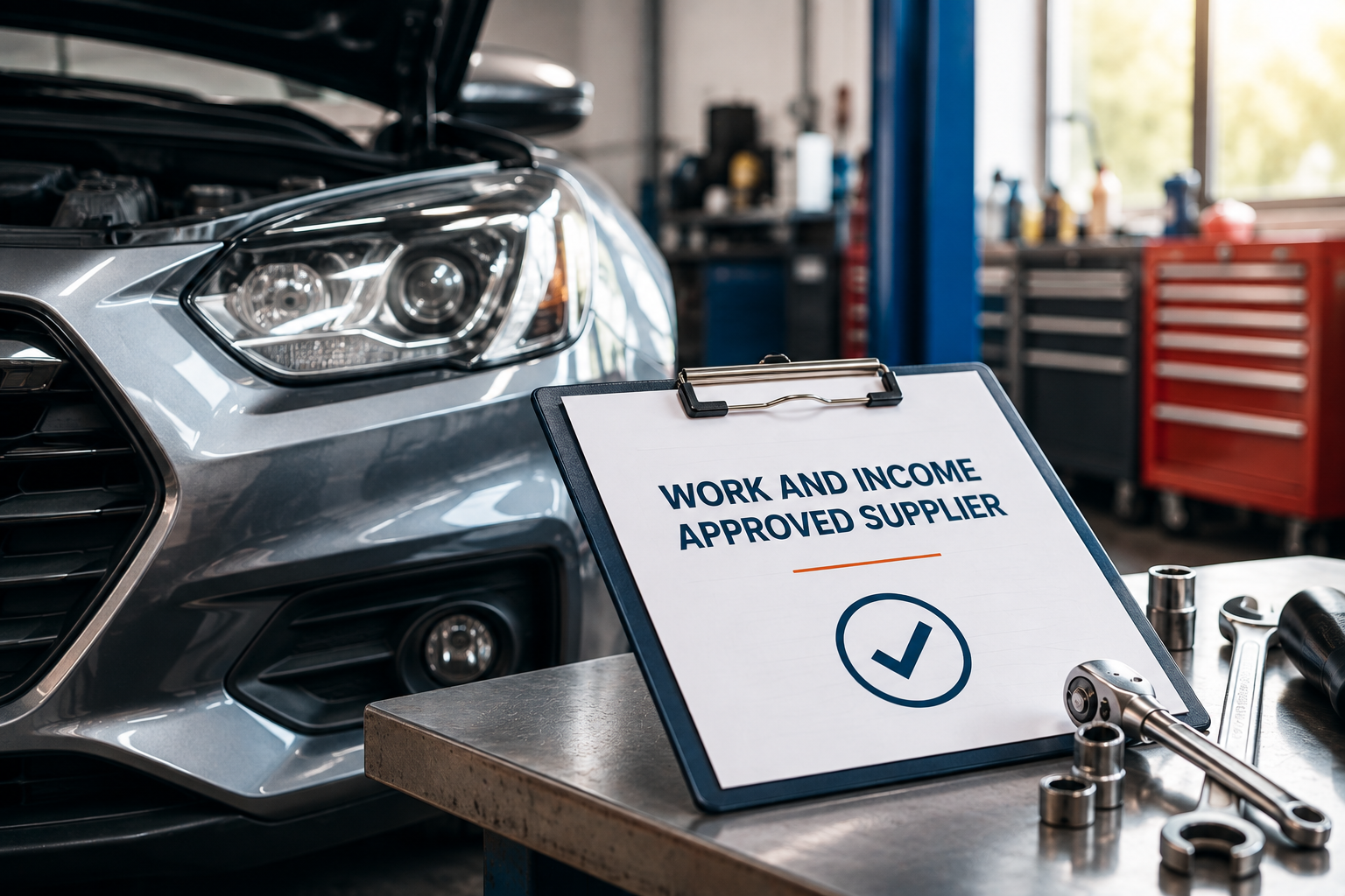 Work and Income approved supplier clipboard in the Rust Fix workshop